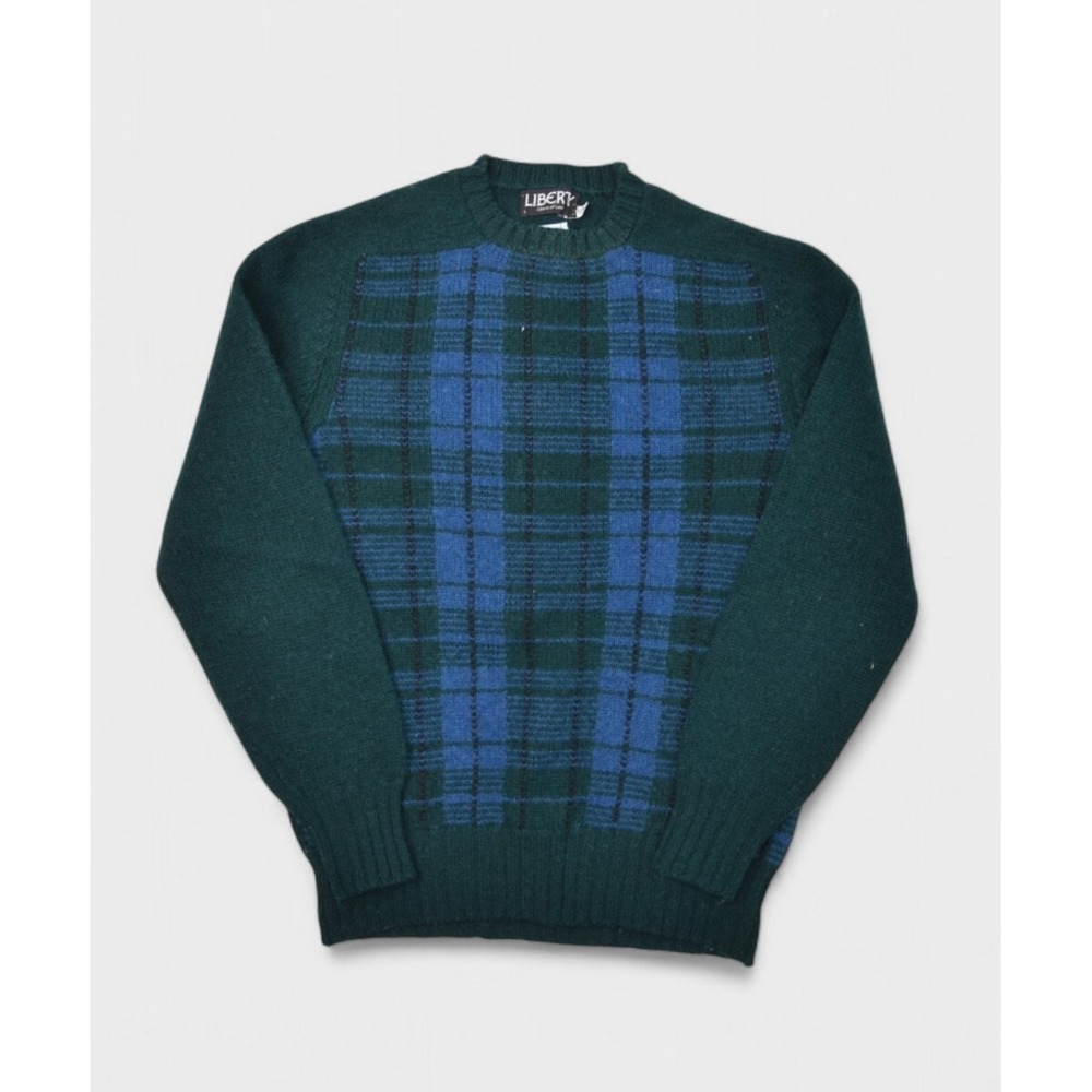 Vintage Liberty of London Mens S Wool Crewneck Plaid Pullover Sweater Green 36